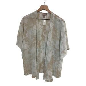 Chicos Size 0/S Open Duster Kimono Green and Tan Floral with Silver Accents